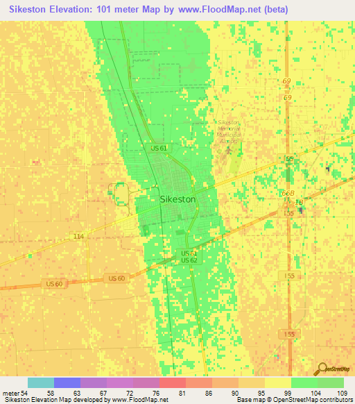 Sikeston,US Elevation Map