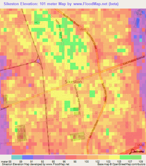 Sikeston,US Elevation Map