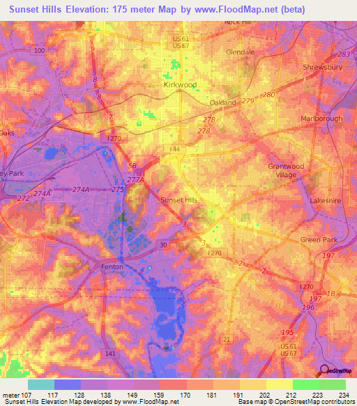 Sunset Hills,US Elevation Map