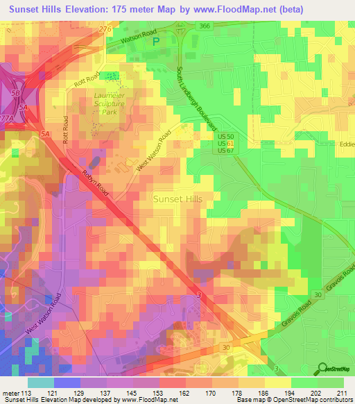 Sunset Hills,US Elevation Map