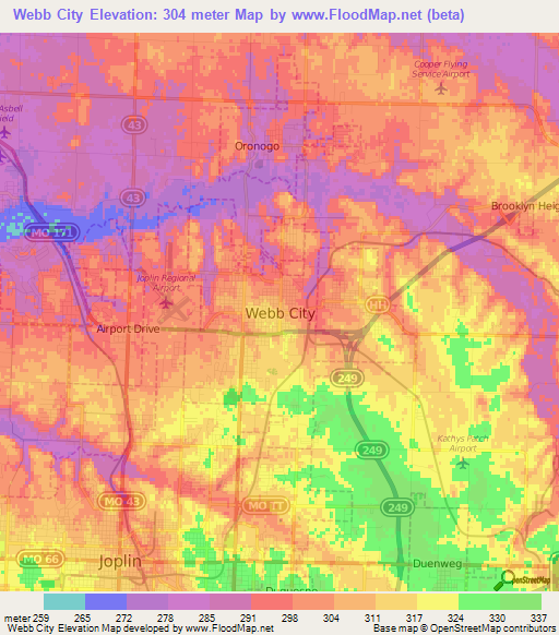 Webb City,US Elevation Map