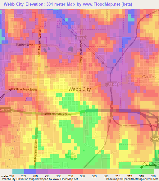 Webb City,US Elevation Map