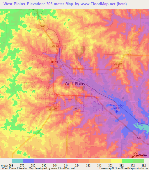 West Plains,US Elevation Map