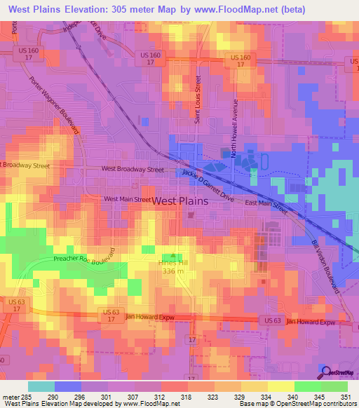 West Plains,US Elevation Map