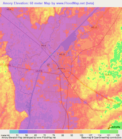 Amory,US Elevation Map