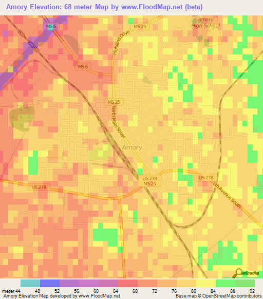 Amory,US Elevation Map