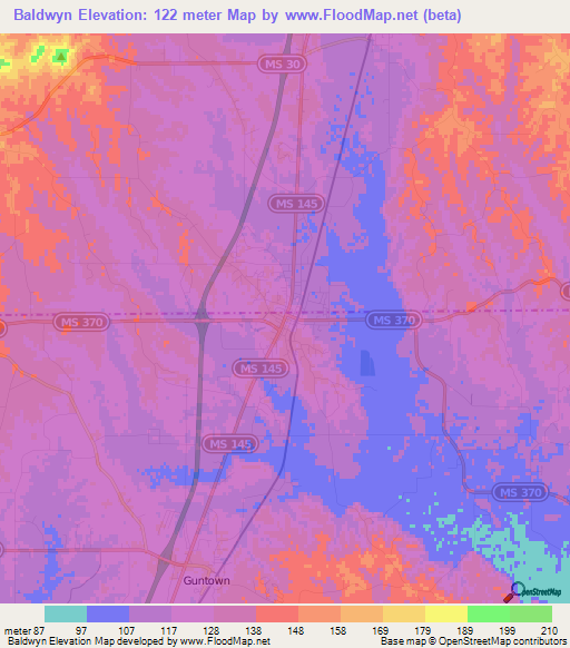 Baldwyn,US Elevation Map