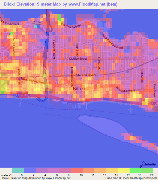 Biloxi,US Elevation Map