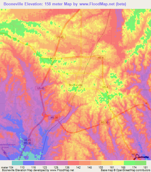 Booneville,US Elevation Map