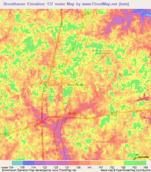 Brookhaven,US Elevation Map