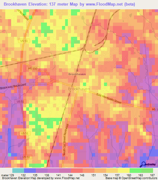 Brookhaven,US Elevation Map