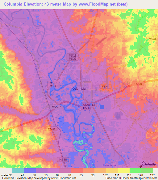 Columbia,US Elevation Map