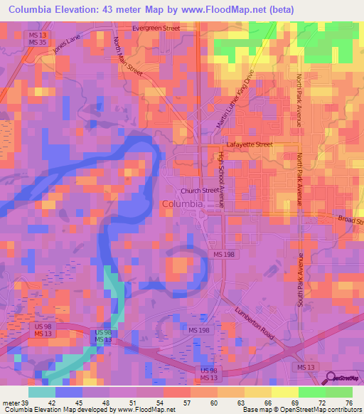 Columbia,US Elevation Map