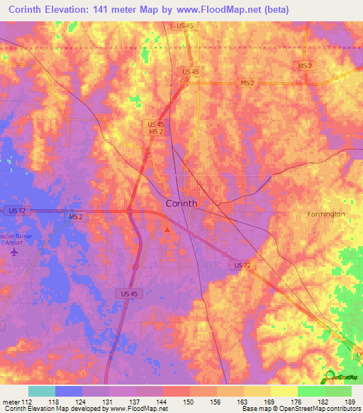 Corinth,US Elevation Map