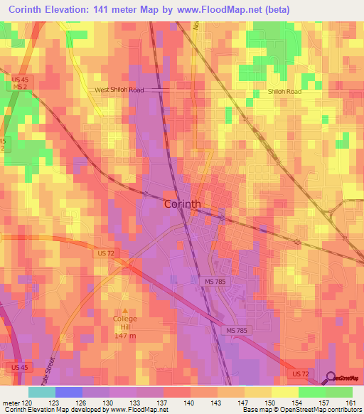 Corinth,US Elevation Map