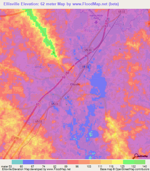 Ellisville,US Elevation Map