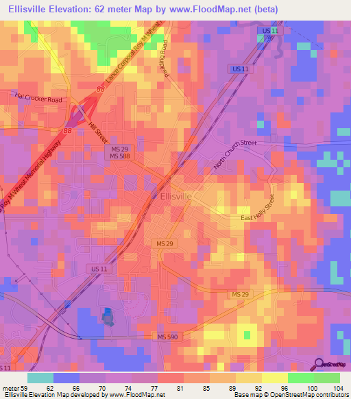 Ellisville,US Elevation Map