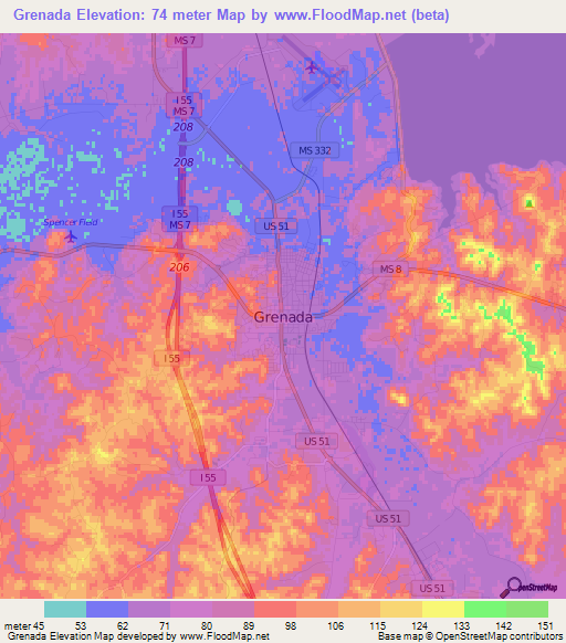 Grenada,US Elevation Map