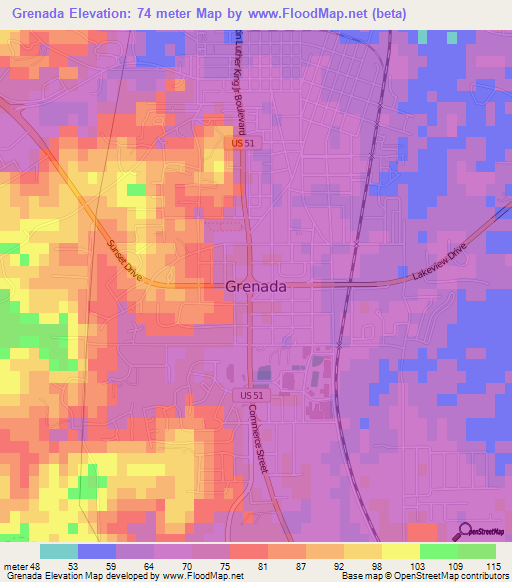 Grenada,US Elevation Map