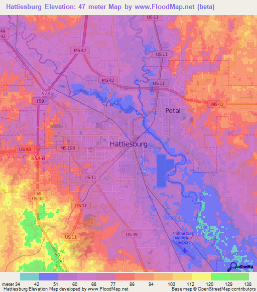 Hattiesburg,US Elevation Map