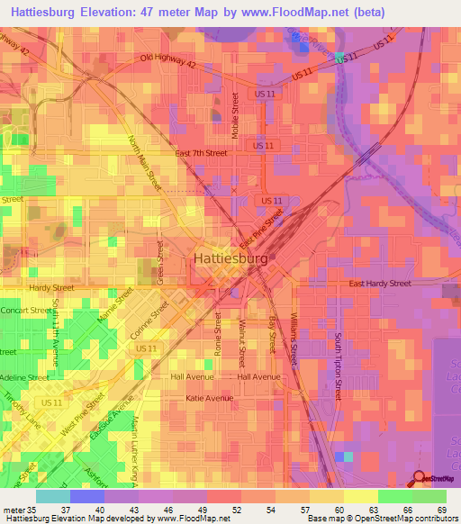 Hattiesburg,US Elevation Map