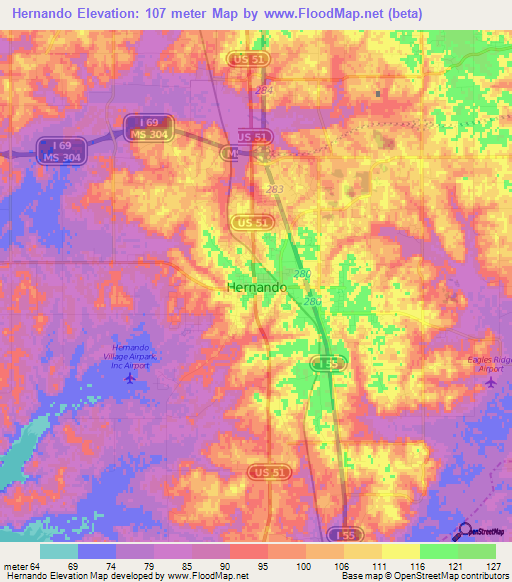 Hernando,US Elevation Map