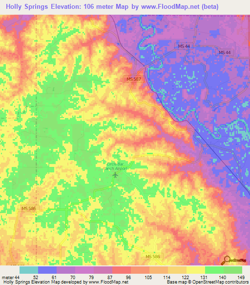 Holly Springs,US Elevation Map