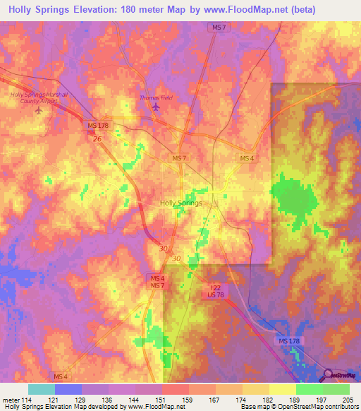 Holly Springs,US Elevation Map