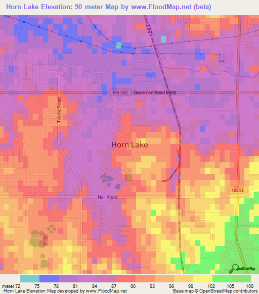 Horn Lake,US Elevation Map