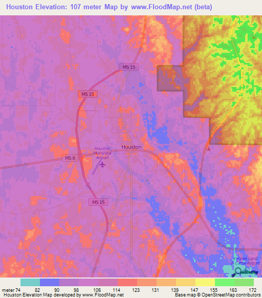 Houston,US Elevation Map