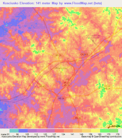 Kosciusko,US Elevation Map