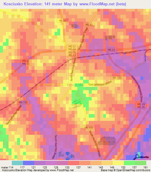 Kosciusko,US Elevation Map