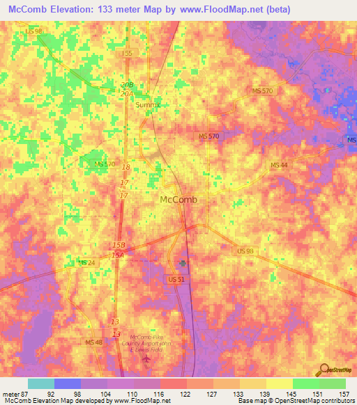 McComb,US Elevation Map