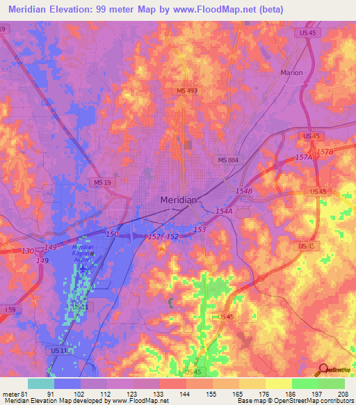 Meridian,US Elevation Map