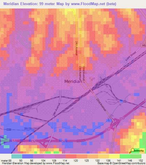 Meridian,US Elevation Map