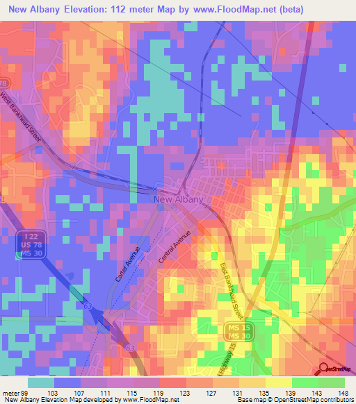 New Albany,US Elevation Map