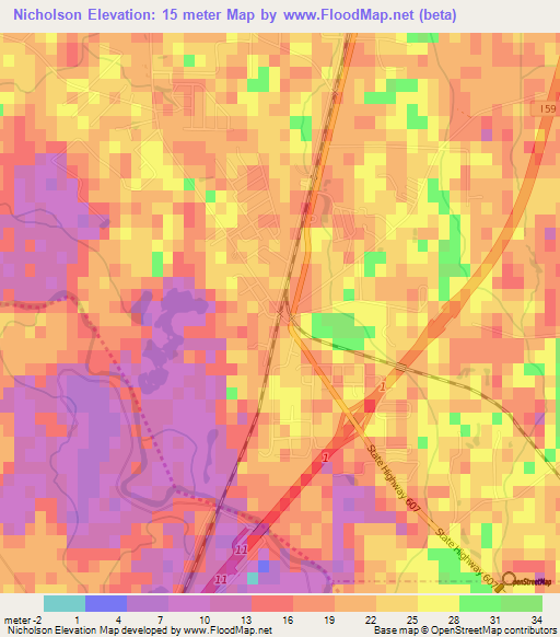 Nicholson,US Elevation Map