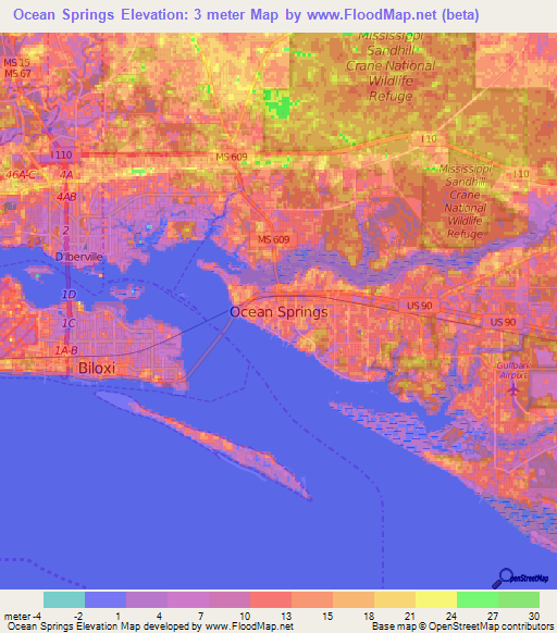 Ocean Springs,US Elevation Map