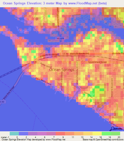 Ocean Springs,US Elevation Map