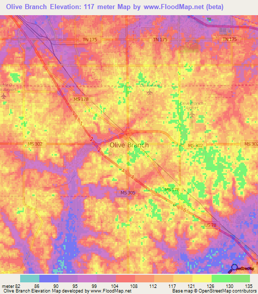 Olive Branch,US Elevation Map