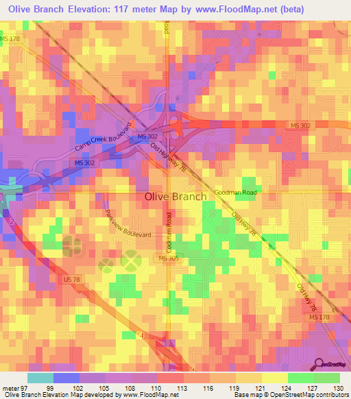 Olive Branch,US Elevation Map