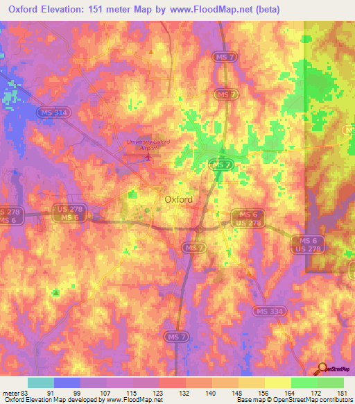 Oxford,US Elevation Map