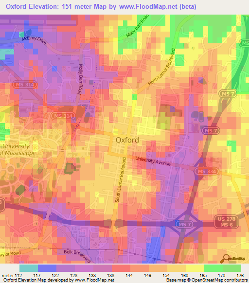 Oxford,US Elevation Map