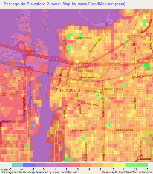 Pascagoula,US Elevation Map