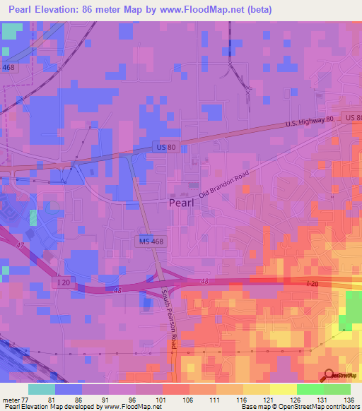 Pearl,US Elevation Map