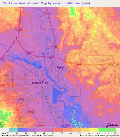 Petal,US Elevation Map