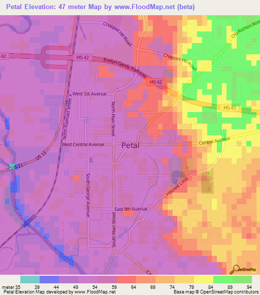 Petal,US Elevation Map