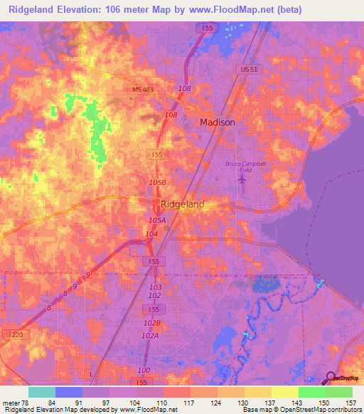 Ridgeland,US Elevation Map