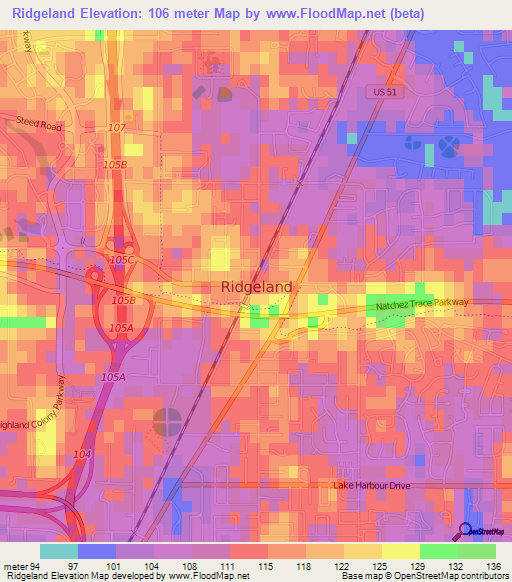 Ridgeland,US Elevation Map