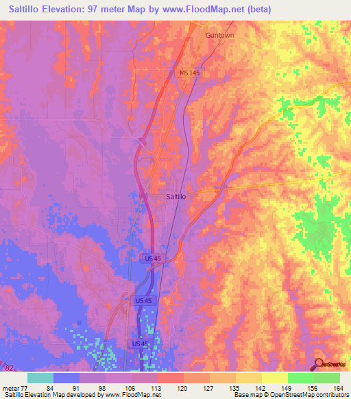 Saltillo,US Elevation Map